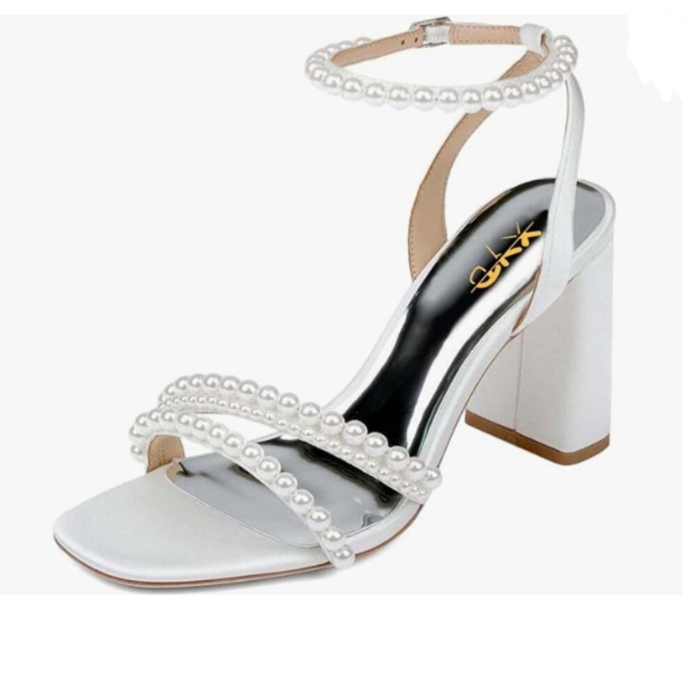 XYD White Pearl Strappy Bridal Open Toe Sandals Block High Heel Ankle Strap Shoe